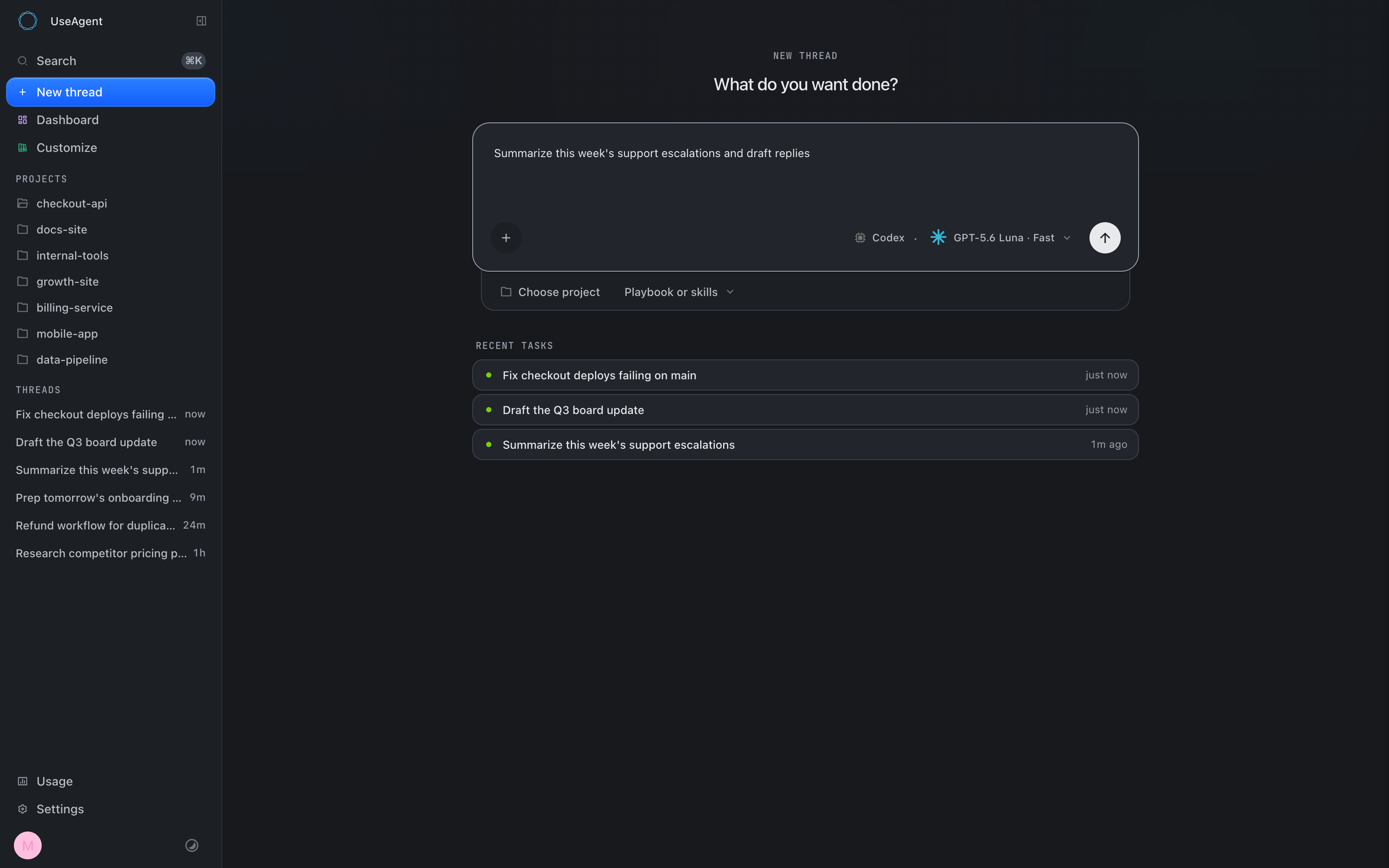 The UseAgent workspace: describe a task, choose an agent and return to recent work